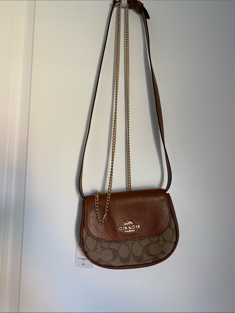 NWT Coach Brown Signature Crossbody Saddle Belt Bag with Chain & Strap